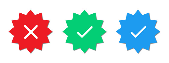 Blue tick, green tick and red cross symbols. Blue tick icon for social media apps. Green verification tick symbol. Red cross sign for not accepted or not verified.