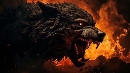 Scary black wolf shows his grin in the light of raging flames. High quality illustration