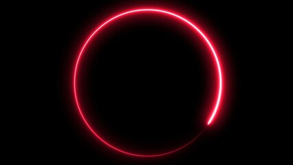Circle shape frame pink color glowing fluorescent neon lights on black screen.