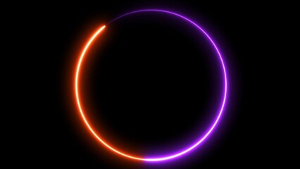 Circle shape frame purple and orange color glowing fluorescent neon lights on black screen.