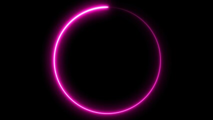 Circle shape frame pink color glowing fluorescent neon lights on black screen.