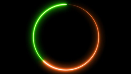 Circle shape frame green and orange color glowing fluorescent neon lights on black screen. 