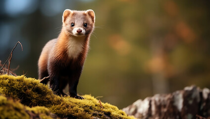 Marten sitting on mossy tree trunk portrait with blurred background and copyspace - Generative AI
