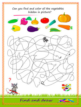 Educational page for little children. Can you find and color all the vegetables hidden in picture? Logic puzzle game. Coloring book. Worksheet for kids school textbook. Vector cartoon illustration.