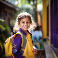 Young Student's First Day Smile: Ready to Learn and Grow.School Days Begin: Smiling Little Girl Embarks on a New Journey