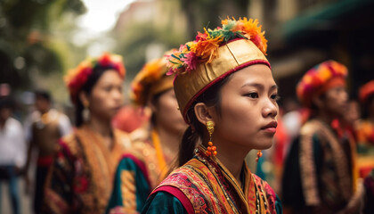 Fototapeta premium Colorful parade celebrates traditional clothing and spirituality in rural Asia generated by AI