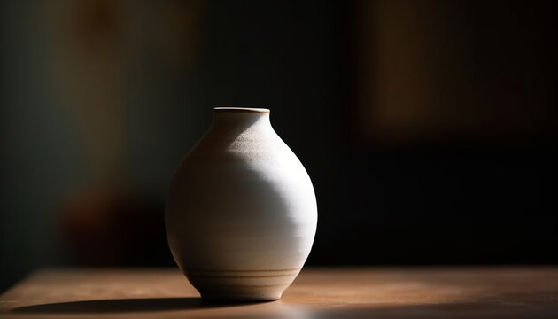 Earthenware pottery vase, a decorative still life on wooden table generated by AI