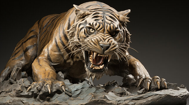 Realistic sculpture of a ferocious tiger in full growth. Realistic 3d image