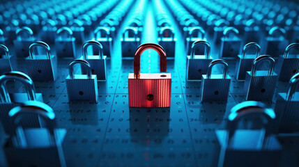 Red Padlock Unlocked Among Blue Ones, Cybersecurity Breach 
 - obrazy, fototapety, plakaty