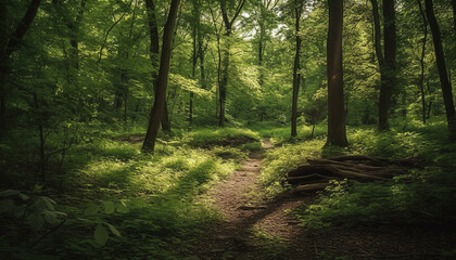 Tranquil forest footpath leads to vanishing point in nature beauty generated by AI