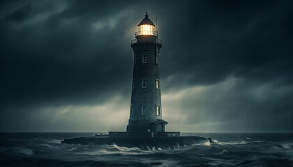 Obraz premium Moody sky illuminates famous beacon, warning of dangerous coastline generated by AI