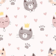 seamless pattern with cute cats, paws and hearts in doodle style in grey-pink tones