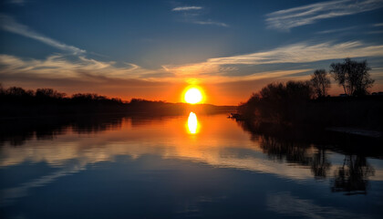 Obraz premium Tranquil sunset over nature horizon, reflecting vibrant beauty generated by AI