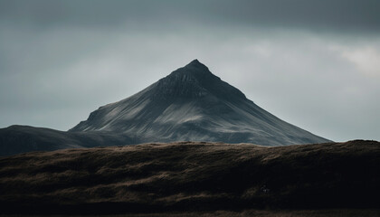 Majestic mountain range, black and white silhouette against overcast sky generated by AI