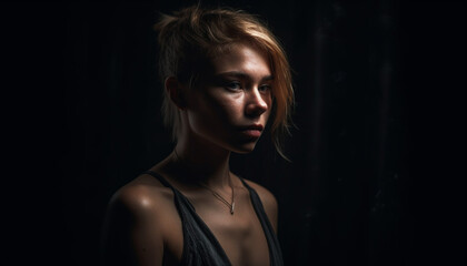 Naklejka premium Beautiful young woman exudes sensuality in fashion portrait, confident gaze generated by AI