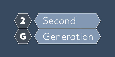 2G Second Generation. An Acronym Abbrevation of a term from the software industry. Illustration isolated on blue background.