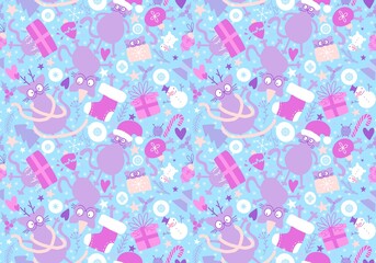 Christmas animals seamless cats and gift box and tree and toys pattern for wrapping paper and fabrics 