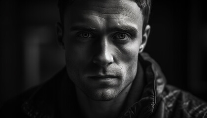 Confident young adult man exudes masculinity in monochrome headshot generated by AI