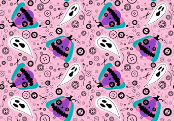 Naklejka premium Halloween sewing monsters seamless pumpkins and ghost and buttons and scissors pattern for fabrics 