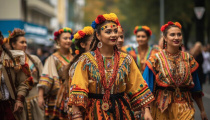 Indigenous cultures celebrate traditional festivals with multi colored clothing and dancing generated by AI