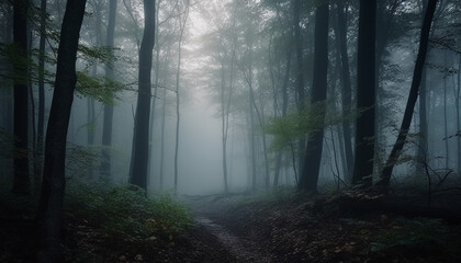 Spooky fog veils the mysterious autumn forest in surreal beauty generated by AI