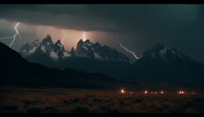 Majestic mountain range illuminated by dramatic storm cloud at dusk generated by AI
