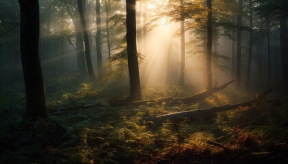 Tranquil scene of autumn forest, mystery in the foggy wilderness generated by AI