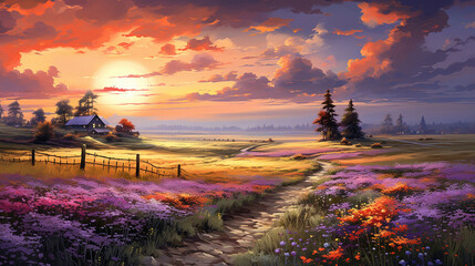 Art with a beautiful summer landscape. High quality illustration