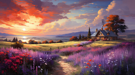 Art with a beautiful summer landscape. High quality illustration