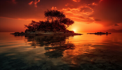 Fototapeta na wymiar Tranquil sunset over tropical coastline, reflecting orange and yellow beauty generated by AI