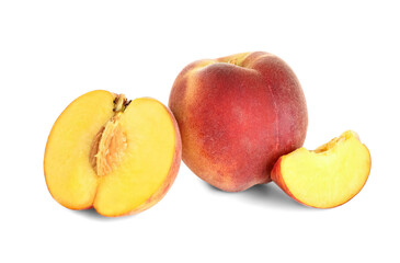 Sweet peaches on white background