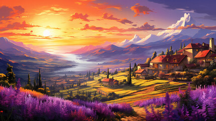 Art with a beautiful summer landscape. High quality illustration