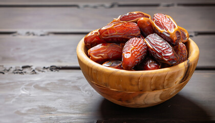 Dates or dattes palm fruit in wooden bowl is snack healthy.
