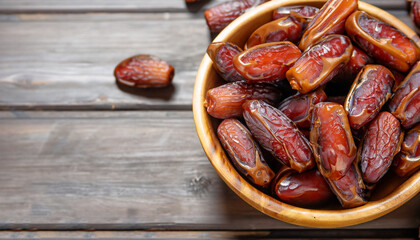Dates or dattes palm fruit in wooden bowl is snack healthy.