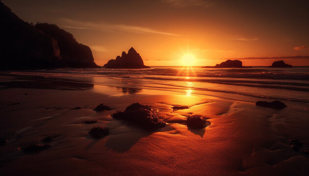 Golden sun sets over majestic coastline, tranquil waters reflect natural beauty generated by AI