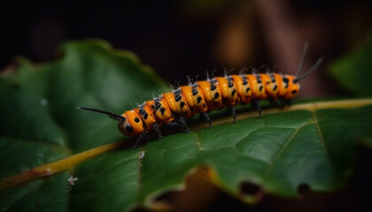 Multi colored caterpillar crawls on green leaf in nature beauty generated by AI