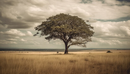 Tranquil sunset over remote savannah, lone tree silhouette in foreground generated by AI
