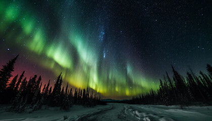 Star trail illuminates majestic mountain range in vibrant polar climate generated by AI