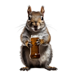 Eastern grey squirrel hold a glass beer, transparent background