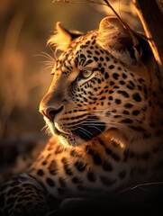 leopard closeup portrait in savanna - warm evening - generative AI 