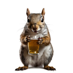 Fototapeta premium Eastern grey squirrel hold a glass beer, transparent background