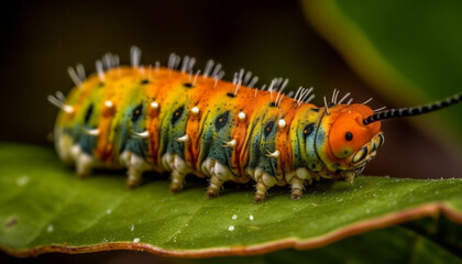 Green caterpillar crawls on leaf, magnified in beautiful nature generated by AI