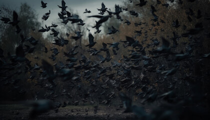 Large group of animals flying in silhouette against blue sky generated by AI