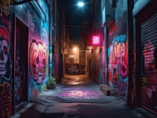 The narrow alley is shrouded in darkness, illuminated only by the eerie glow of neon graffiti which adorns the walls. A holographic skull flickers menacingly overhea. Generated with AI.