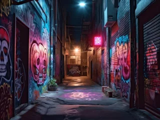 Stickers pour porte Ruelle étroite The narrow alley is shrouded in darkness, illuminated only by the eerie glow of neon graffiti which adorns the walls. A holographic skull flickers menacingly overhea. Generated with AI.