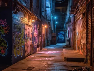 Selbstklebende Fototapete Enge Gasse The narrow alley is shrouded in darkness, illuminated only by the eerie glow of neon graffiti which adorns the walls. A holographic skull flickers menacingly overhea. Generated with AI.
