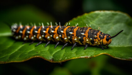 Small caterpillar on green leaf transforms into beautiful butterfly outdoors generated by AI