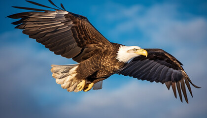 Fototapeta premium Majestic bald eagle spreads wings mid air, talons ready to hunt generated by AI