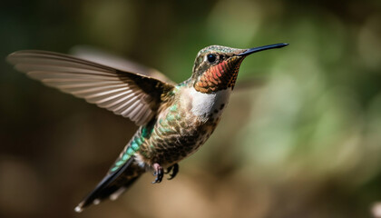 Obraz premium Hovering hummingbird spreads iridescent wings, pollinating vibrant flowers outdoors generated by AI