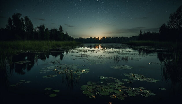 Tranquil scene of a forest pond at dusk reflects natural beauty generated by AI